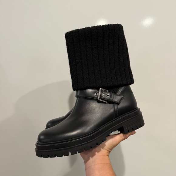 Gianvito Rossi Thurso Knit Collar Moto Combat Leather Boots - Picture 10 of 16